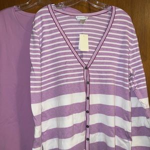 NWT CJ Banks XL Lilac & White Striped Cardigan with Matching Short Sleeve Tshirt